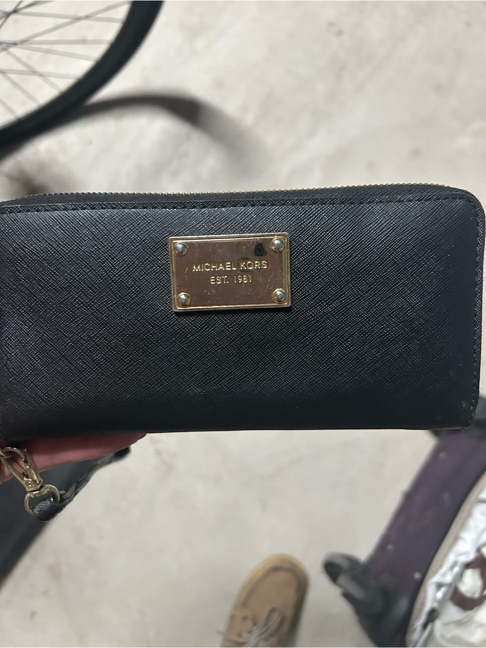 Michael Kors Black Saffiano Zip-Around Wallet with Gold Plate